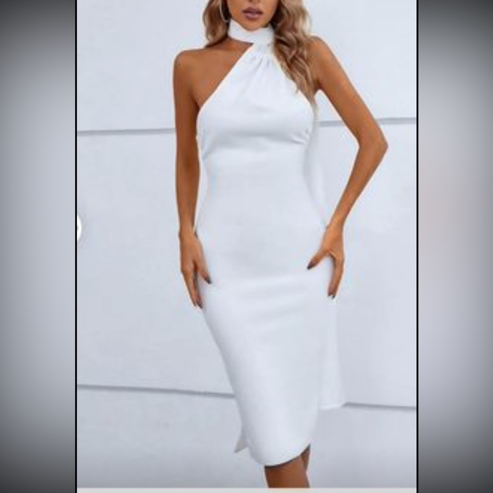 White midi dress one shoulder cascading detail